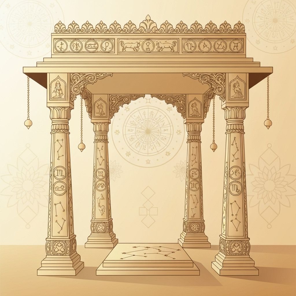 Elegant Kundli Matching illustration with mandap and zodiac motifs