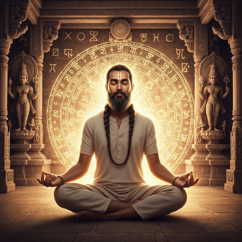 Vedic astrologer in meditation with cosmic energy and spiritual symbols