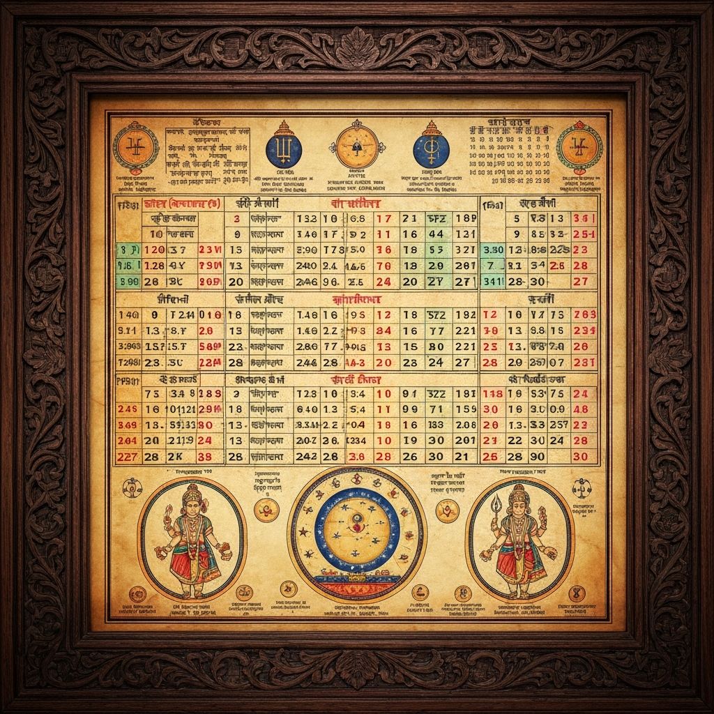 Vedic panchang calendar with Tithi, Nakshatra, and auspicious timings